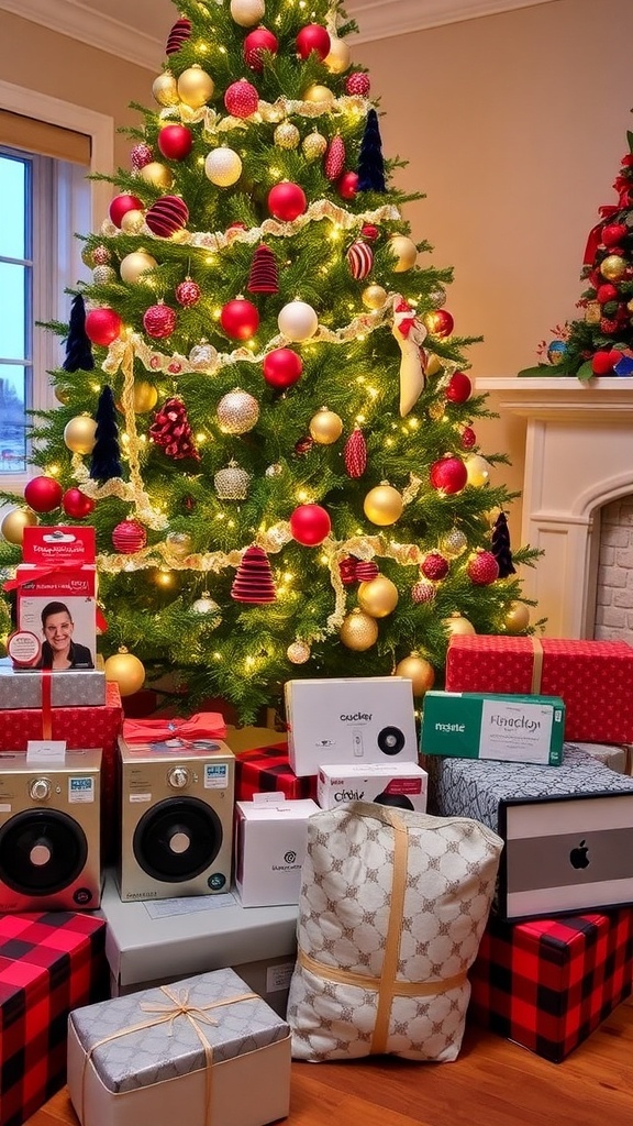 A Christmas tree with practical gift ideas like kitchen tools and tech gadgets under it.
